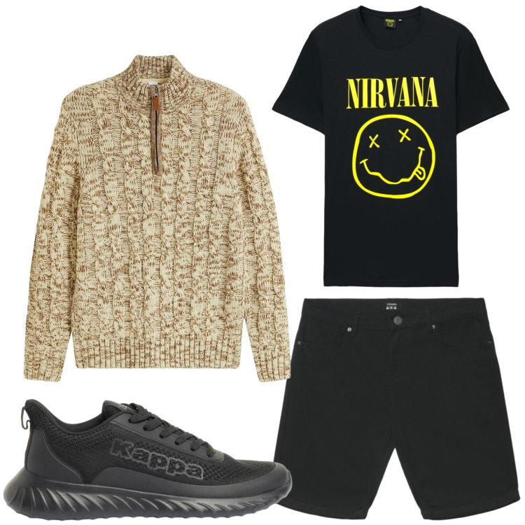 Outfit uomo - Look rilassato. Stile Casual per Tutti i giorni. Abbinamento con maglieria, sneakers, bermuda, t-shirt.
