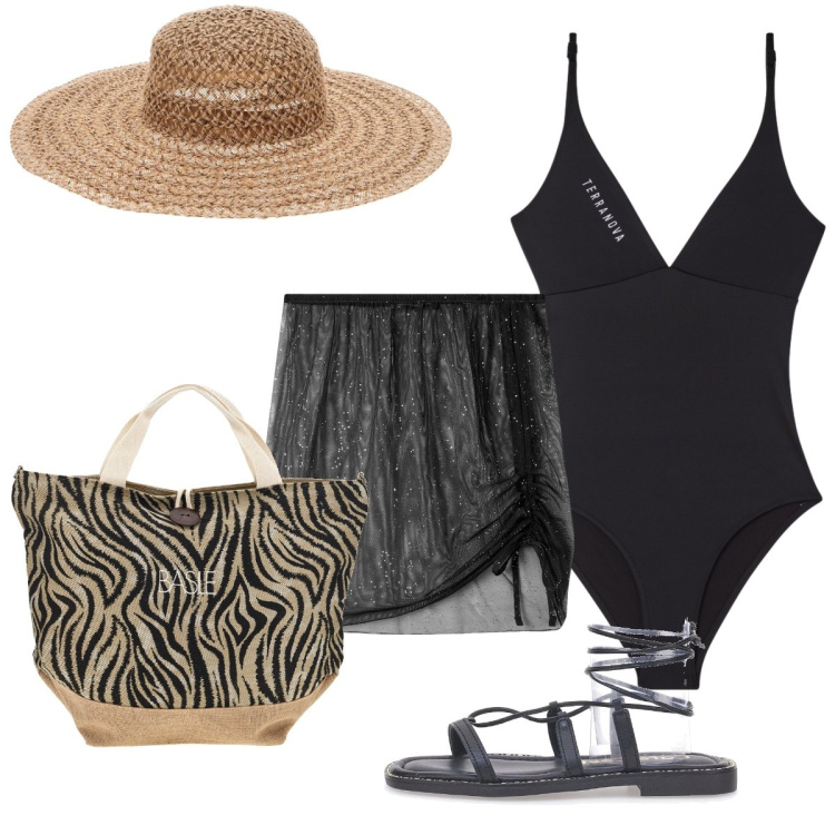 Outfit donna - Sexy con il costume nero. Stile Sexy per Mare. Abbinamento con vestiti da spiaggia, costumi interi, sandali alla schiava, cappelli, shopping bag.