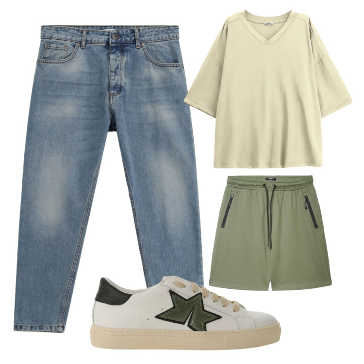 Outfit uomo - Fuori porta. Stile Casual per Mare. Abbinamento con pantaloncini sportivi, jeans, sneakers, t-shirt.