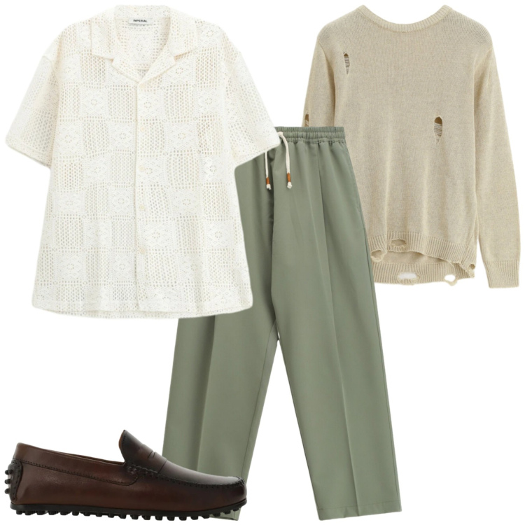 Outfit uomo - Apericena. Stile Casual per Mare. Abbinamento con maglieria, pantaloni, scarpe stringate, camicie a manica corta.