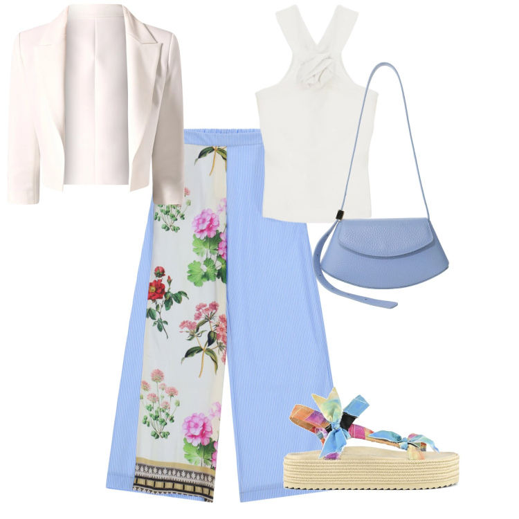 Outfit donna - Cielo azzurro e fiori colorati. Stile Casual chic Abbinamento con canottiere, borse a spalla, pantaloni a palazzo, blazer, sandali.