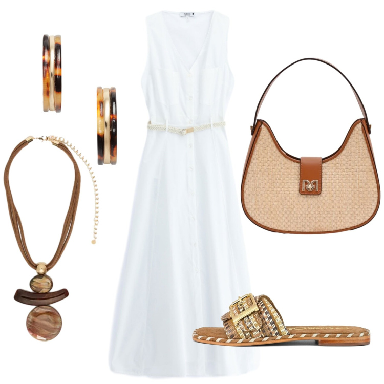 Outfit donna - Bianco classico. Stile Minimal per Tutti i giorni. Abbinamento con borse a spalla, vestiti lunghi, ciondoli, orecchini, ciabatte.