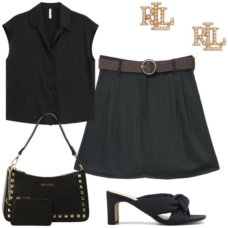Outfit donna - Black. Stile Casual chic per Tutti i giorni. Abbinamento con bermuda, camicie a manica corta, borse a spalla, orecchini, sandali col tacco.
