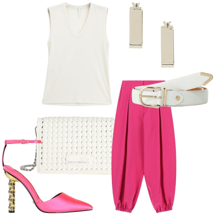 Outfit donna - Total look #2417165. Stile Glamour per Serata fuori. Abbinamento con décolleté, pantaloni a palazzo, top, cinture, borse a tracolla, orecchini.