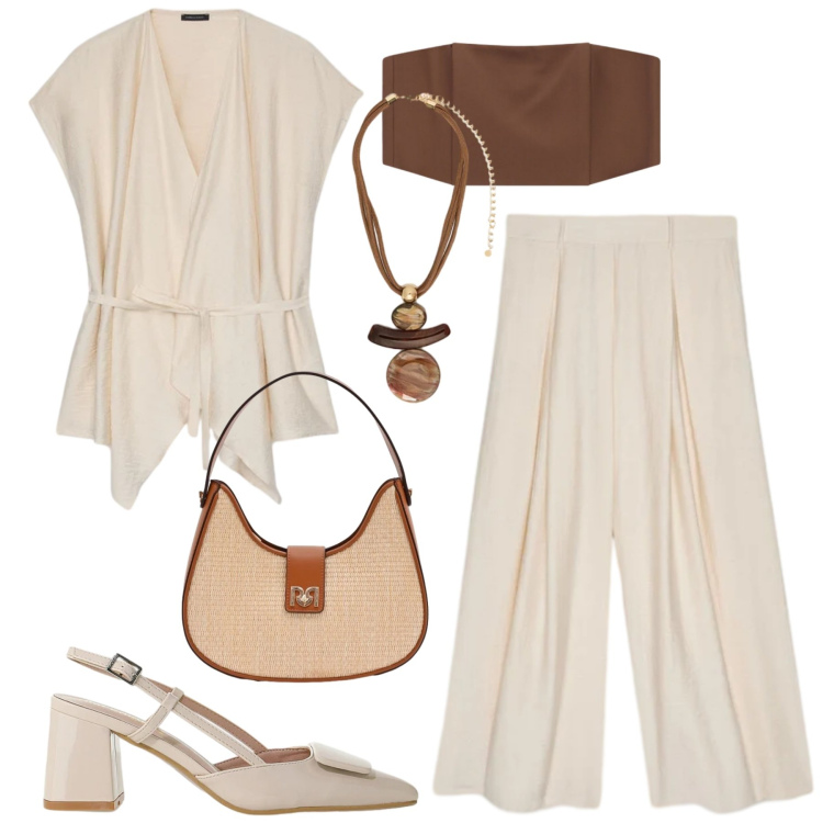 Outfit donna - Lino e leggerezza. Stile Minimal per Tutti i giorni. Abbinamento con borse a spalla, décolleté, top, caftani, ciondoli, pantaloni a palazzo.