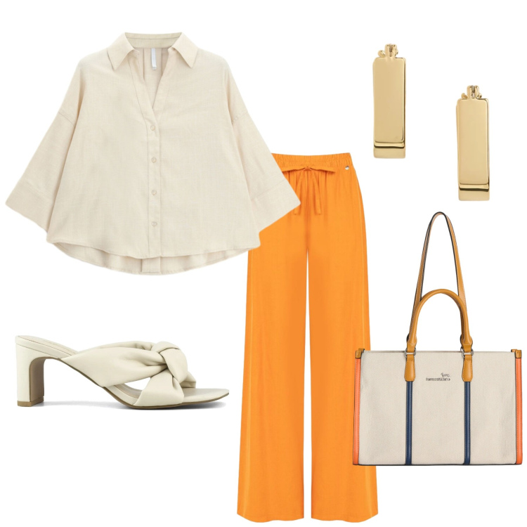 Outfit donna - Camicia semplice. Stile Casual per Tutti i giorni. Abbinamento con pantaloni a palazzo, camicie, borse tote, orecchini, sandali col tacco.