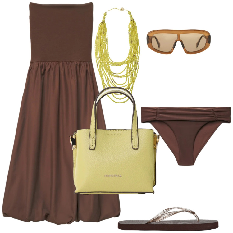 Outfit donna - Tutti al mare. Stile Casual chic per Mare. Abbinamento con vestiti midi/longuette, infradito, bikini, occhiali da sole, borse a tracolla, collane.