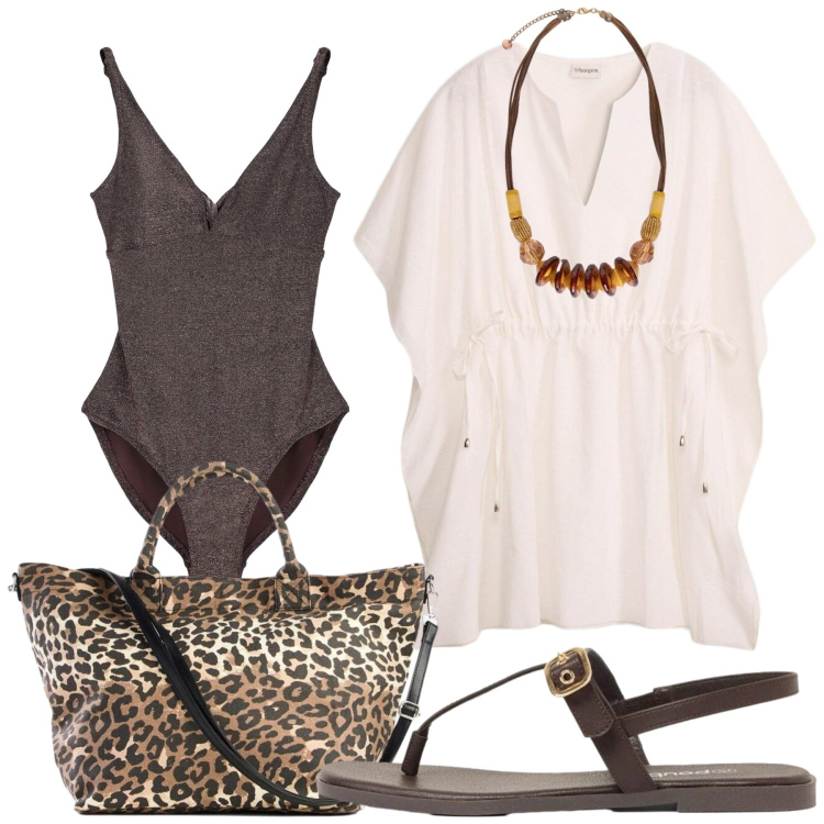 Outfit donna - Total look #2417171. Stile Romantica per Mare. Abbinamento con shopping bag, vestiti da spiaggia, sandali, costumi interi, collane.