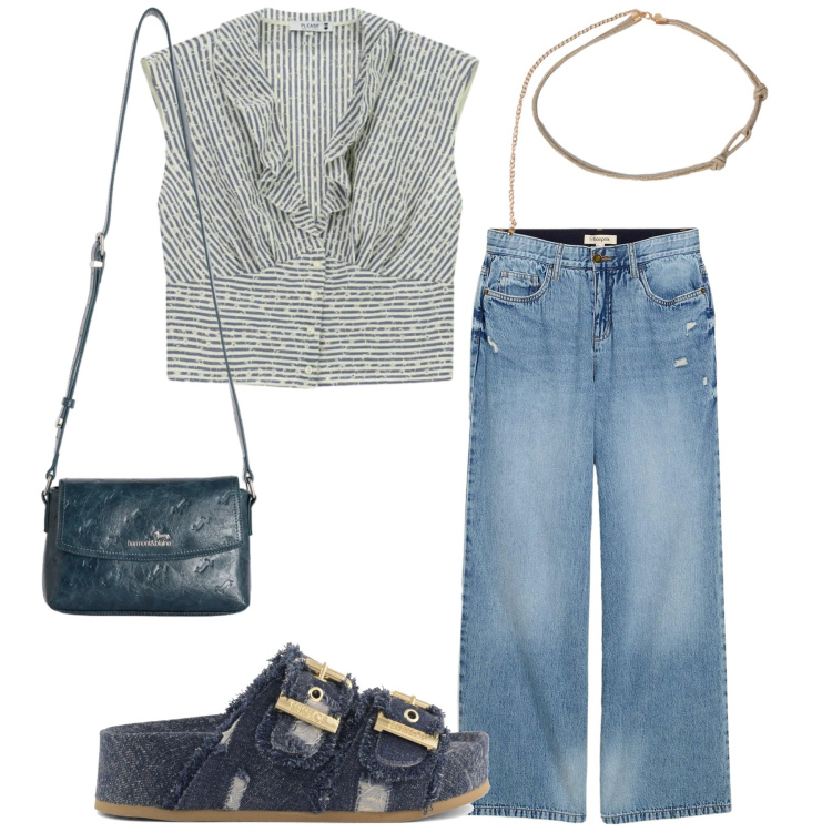 Outfit donna - Total look #2417189. Stile Casual per Tutti i giorni. Abbinamento con jeans, borse a tracolla, camicie, cinture, zeppe.