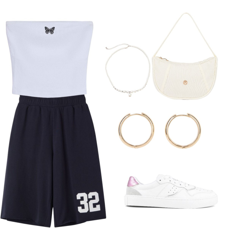 Outfit donna - Per favore una passeggiata. Abbinamento con orecchini, collane, top, bermuda, borse a mano, sneakers.