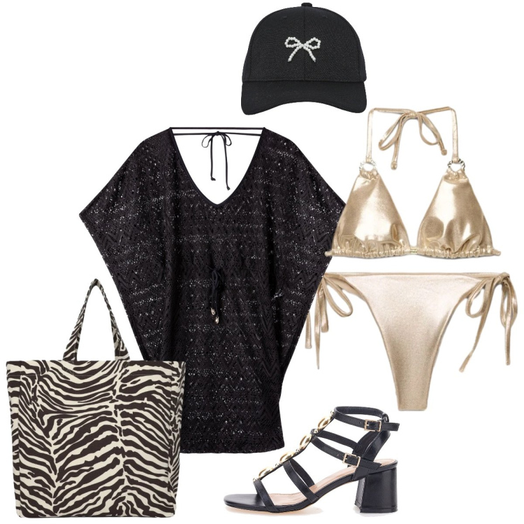 Outfit donna - Glamour in spiaggia. Stile Glamour per Mare. Abbinamento con bikini, cappelli con visiera, vestiti da spiaggia, shopping bag, bikini, sandali gioiello.