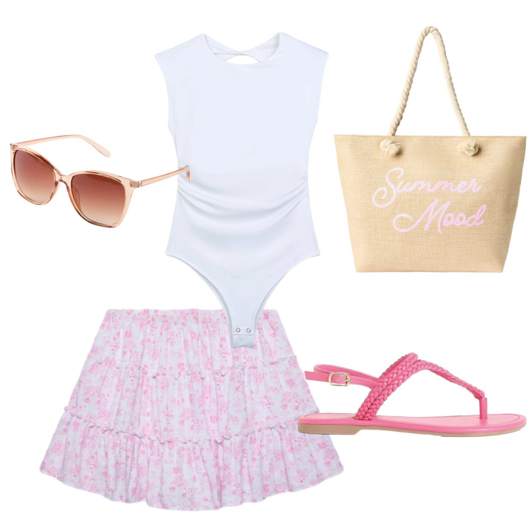 Outfit donna - Teenager d'estate. Stile Romantica per Tutti i giorni. Abbinamento con top, borse tote, minigonne, occhiali da sole, sandali.
