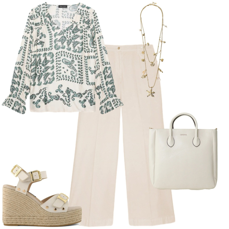 Outfit donna - Casual chic serata estiva. Stile Casual chic per Serata fuori. Abbinamento con borse a tracolla, collane, bluse, pantaloni a palazzo, zeppe.