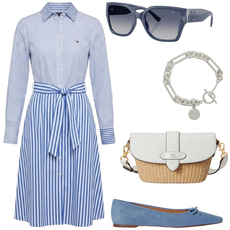 Outfit donna - Chic Azzurro. Stile Casual chic per Tutti i giorni. Abbinamento con vestiti, braccialetti, occhiali da sole, ballerine, borse a spalla.