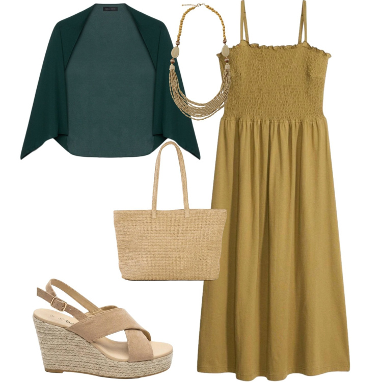Outfit donna - Casual chic serata. Stile Casual chic per Serata fuori. Abbinamento con shopping bag, sandali col tacco, vestiti, collane, blazer.