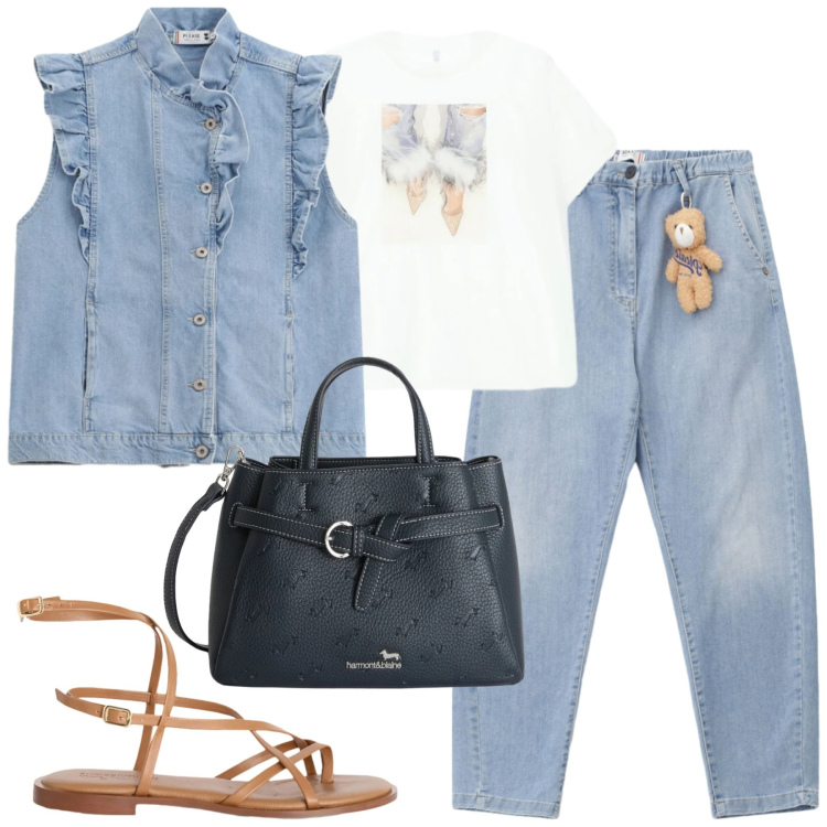 Outfit donna - Please. Stile Casual per Tutti i giorni. Abbinamento con t-shirt, sandali in pelle, borse a mano, jeans, gilet.