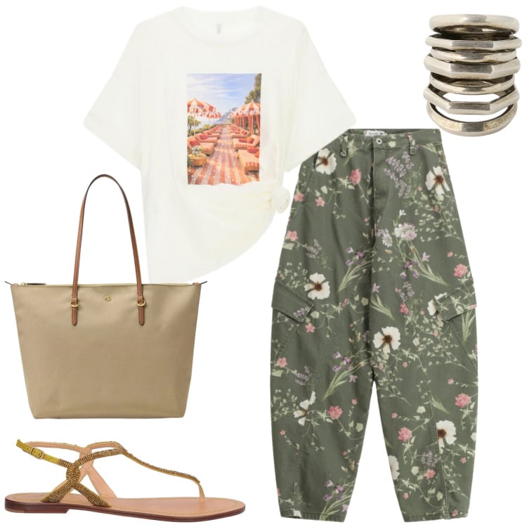 Outfit donna - Giugno. Stile Casual per Tutti i giorni. Abbinamento con infradito, t-shirt, pantaloni cargo, borse tote, anelli.