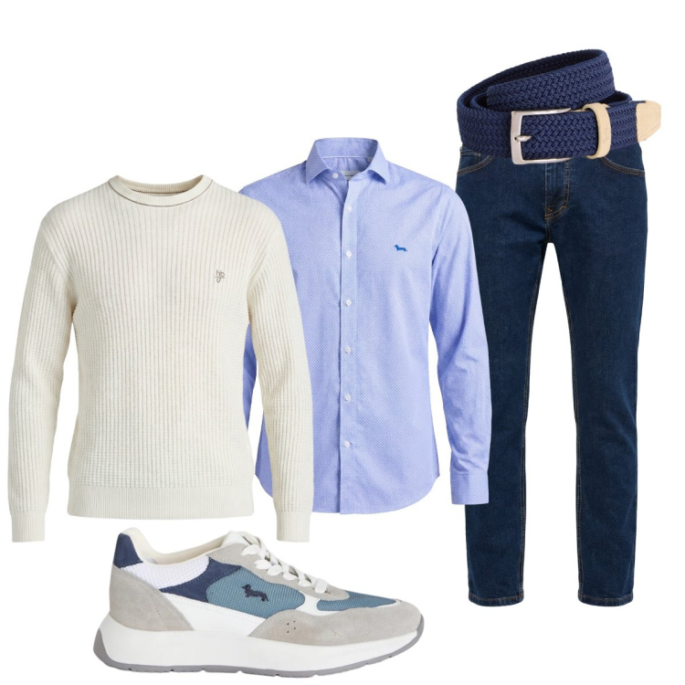 Outfit uomo - Smart casual Harmont&Blaine. Stile Trendy per Tutti i giorni. Abbinamento con sneakers, cinture, pantaloni, camicie, maglieria.