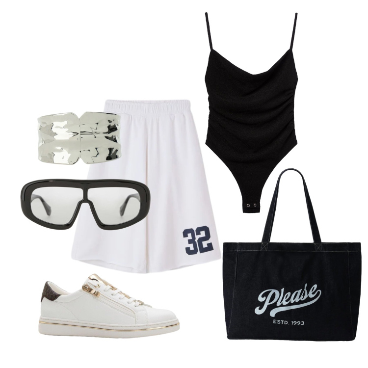 Outfit donna - Giugno. Stile Urban per Tutti i giorni. Abbinamento con sneakers, body, bermuda, occhiali da sole, braccialetti, shopping bag.