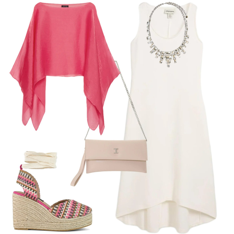 Outfit donna - Casual chic serata. Stile Casual chic per Serata fuori. Abbinamento con vestiti, borse a tracolla, blazer, collane, zeppe.