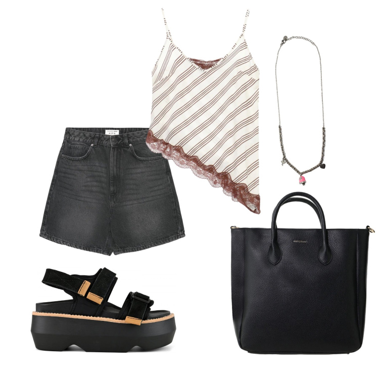 Outfit donna - Giugno. Stile Casual chic per Tutti i giorni. Abbinamento con shorts, borse a tracolla, top, ciondoli, sandali col tacco.