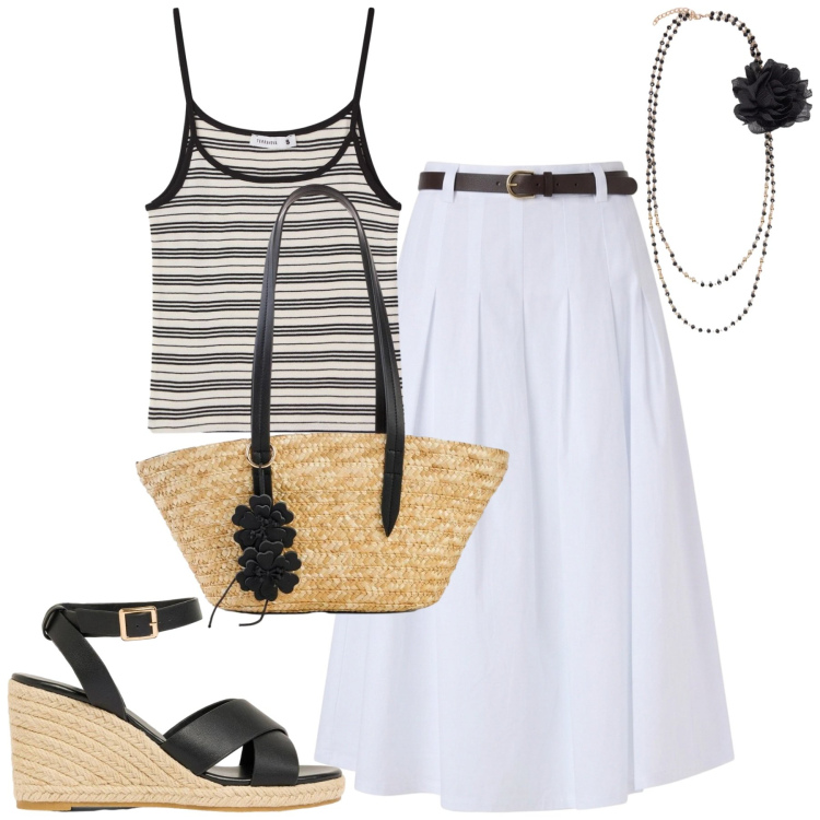 Outfit donna - Mattinata di shopping. Stile Casual chic per Mare. Abbinamento con shopping bag, sandali, gonne longuette, canottiere, collane.