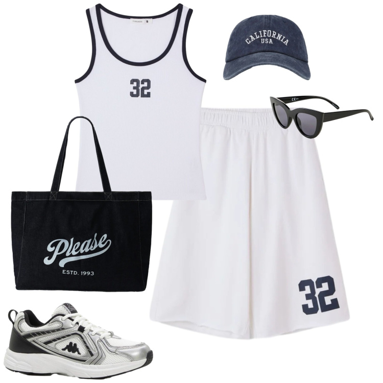 Outfit donna - Sportiva. Stile Casual per Tutti i giorni. Abbinamento con sneakers, occhiali da sole, cappelli con visiera, canottiere, bermuda, shopping bag.