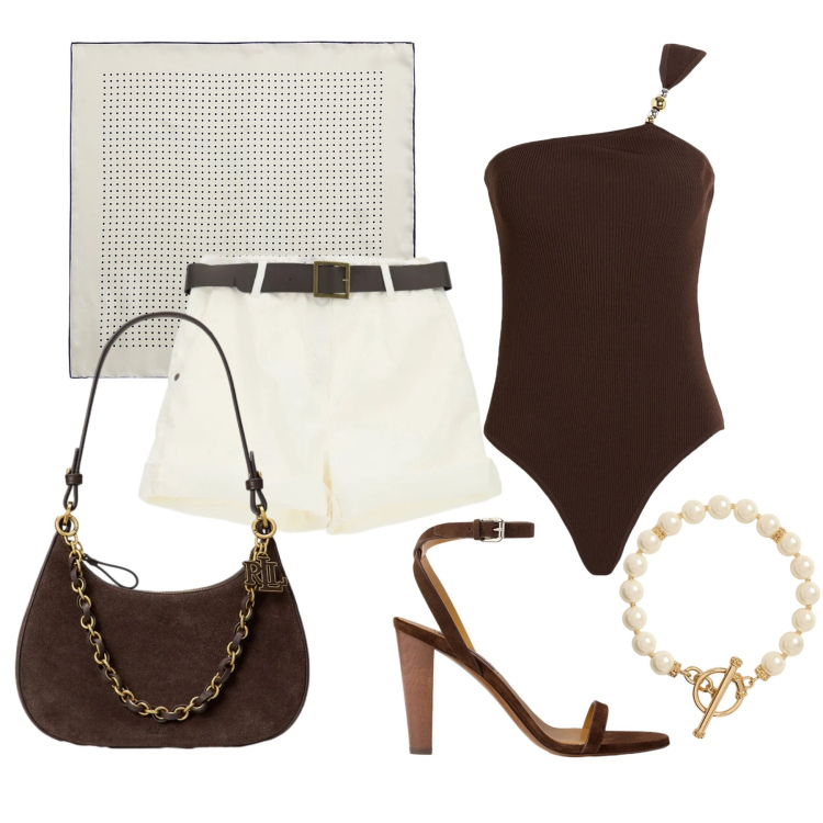 Outfit donna - Giugno. Stile Glamour per Tutti i giorni. Abbinamento con body, shorts, foulard, collane, borse a spalla, sandali in pelle.