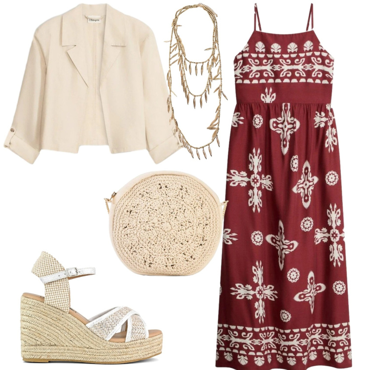 Outfit donna - Boho serata. Stile Boho per Serata fuori. Abbinamento con borse a tracolla, blazer, vestiti, collane, zeppe.