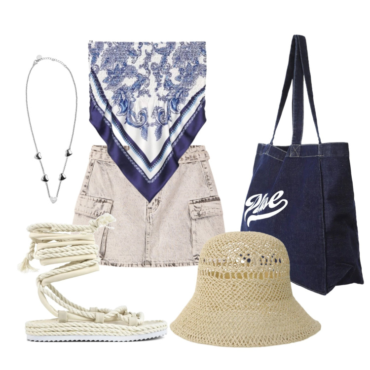 Outfit donna - Giugno. Stile Trendy per Tutti i giorni. Abbinamento con minigonne, top, cappelli, shopping bag, collane, sandali.
