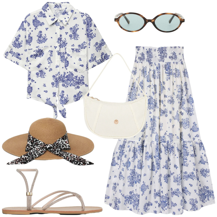 Outfit donna - Giugno. Stile Casual chic per Tutti i giorni. Abbinamento con gonne lunghe, cappelli, sandali, camicie a manica corta, occhiali da sole, borse a mano.
