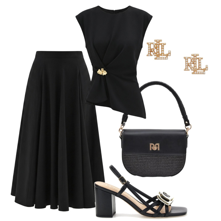 Outfit donna - Nero raffinato. Stile Glamour per Serata fuori. Abbinamento con borse a spalla, top, gonne longuette, orecchini, sandali in pelle.