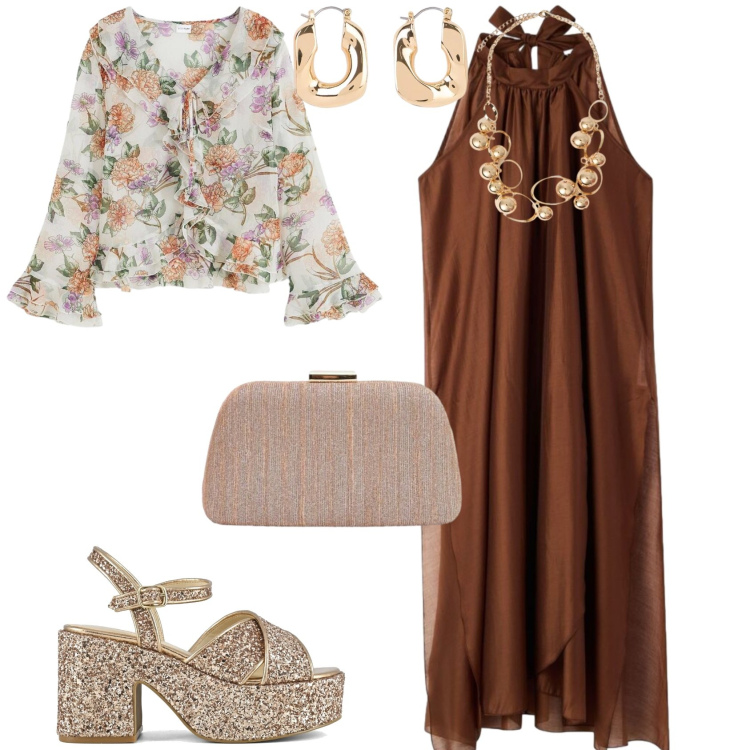 Outfit donna - Chic serata evento. Stile Chic per Serata fuori. Abbinamento con bluse, orecchini, vestiti lunghi, pochette, collane, sandali.