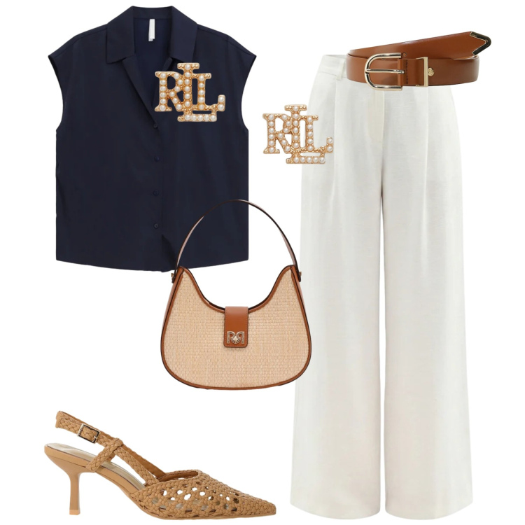 Outfit donna - Bianco e blu. Stile Chic per Tutti i giorni. Abbinamento con camicie a manica corta, cinture, décolleté, pantaloni a palazzo, borse a spalla, orecchini.