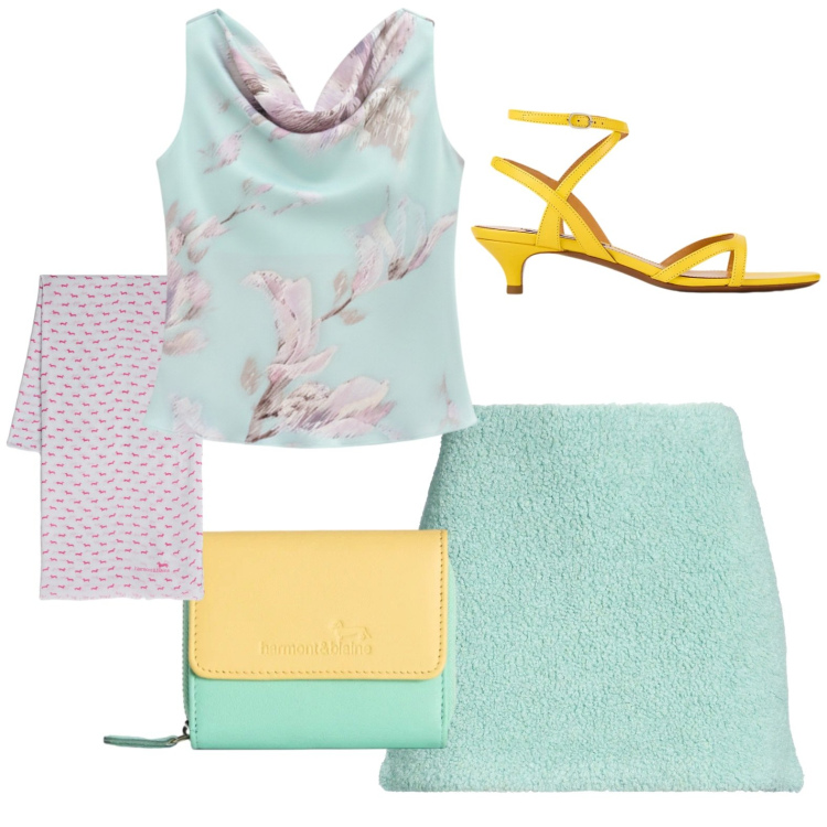 Outfit donna - Colore pastello. Stile Casual chic per Tutti i giorni. Abbinamento con minigonne, top, portafogli, sciarpe, sandali col tacco.