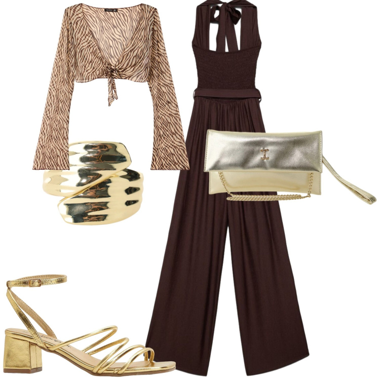 Outfit donna - Serata. Stile Trendy per Serata fuori. Abbinamento con sandali col tacco, blazer, tute, borse a tracolla, anelli.