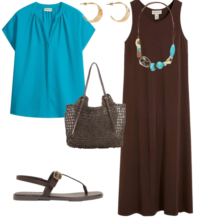 Outfit donna - Casual chic ogni giorno. Stile Casual chic per Tutti i giorni. Abbinamento con vestiti midi/longuette, shopping bag, camicie a manica corta, sandali, orecchini, collane.