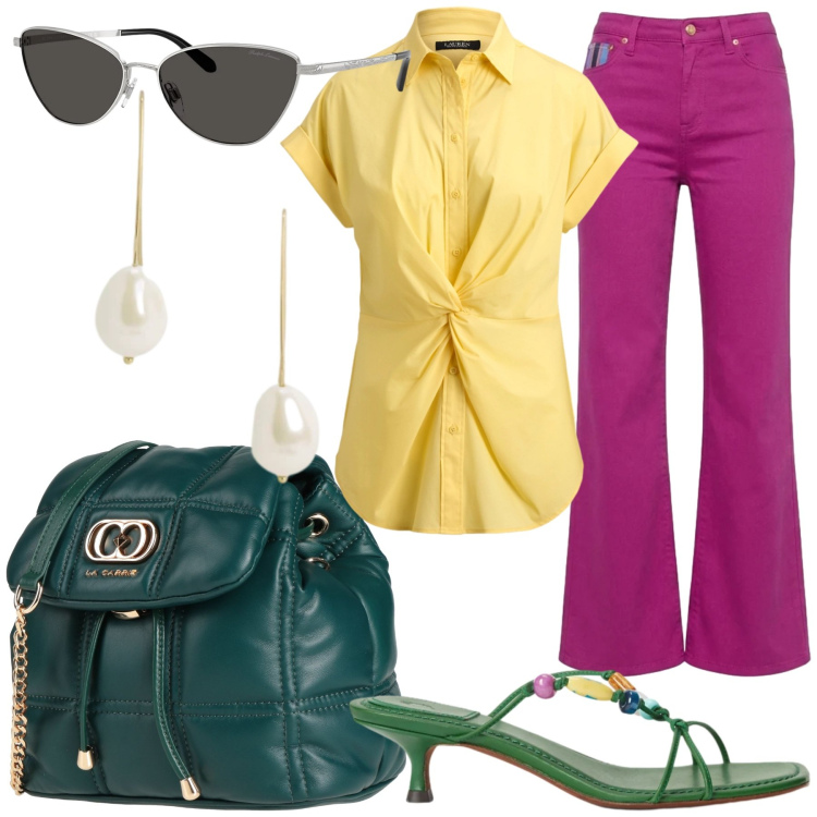 Outfit donna - Donna curvy in estate. Stile Casual chic per Tutti i giorni. Abbinamento con valigie, pantaloni, occhiali da sole, sandali gioiello, camicie a manica corta, orecchini.