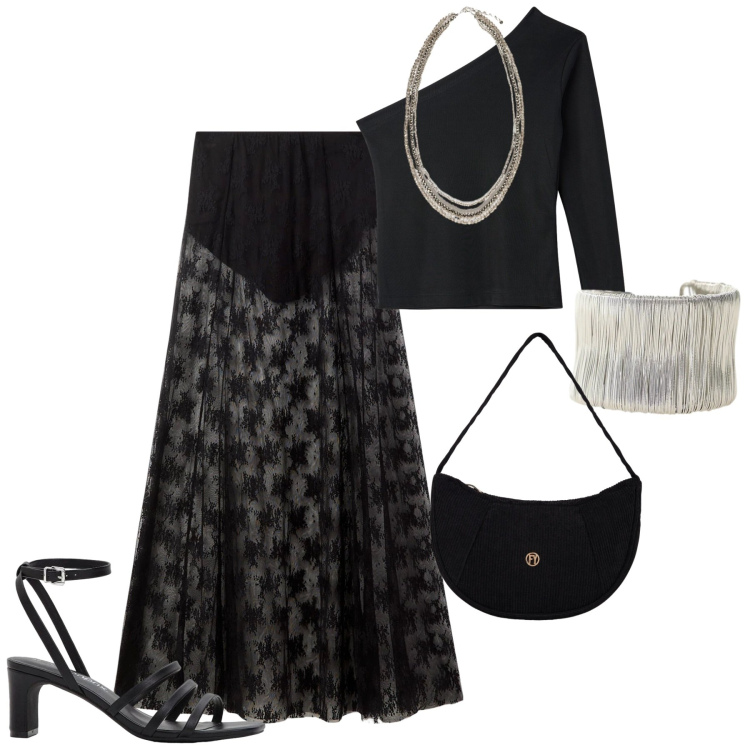 Outfit donna - Serata. Stile Glamour per Serata fuori. Abbinamento con sandali col tacco, gonne lunghe, t-shirt, braccialetti, borse a mano, collane.