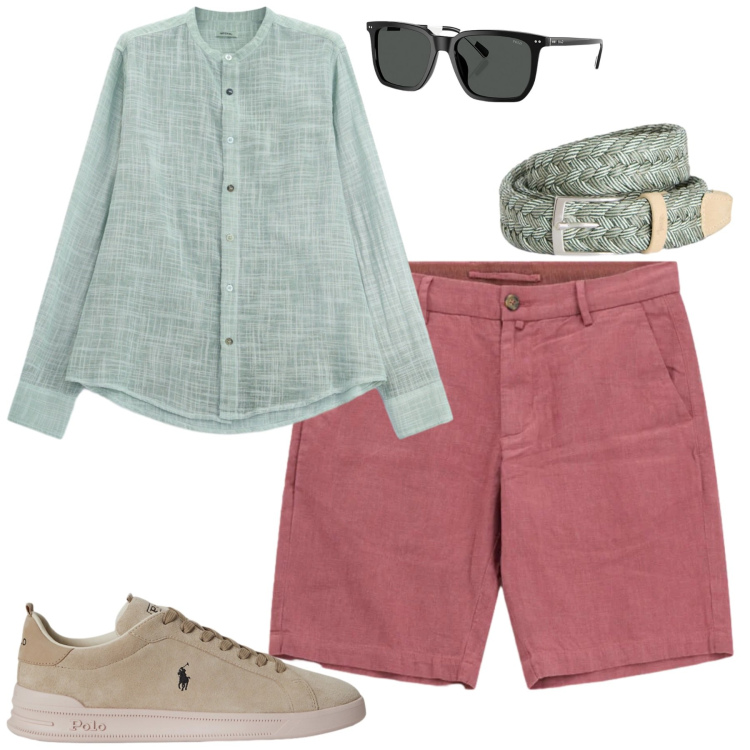 Outfit uomo - Colori mediterranei. Stile Trendy per Tutti i giorni. Abbinamento con camicie, bermuda, cinture, occhiali da sole, sneakers.