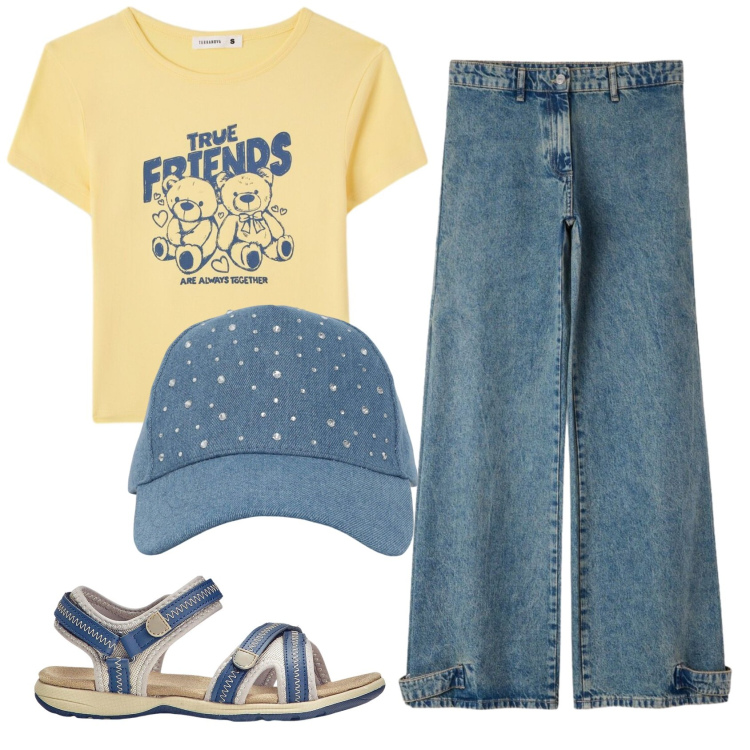 Outfit donna - Total look #2417233. Stile Casual per Tutti i giorni. Abbinamento con sandali, t-shirt, cappelli, jeans.