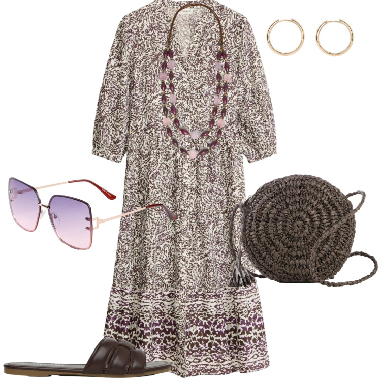 Outfit donna - Boho ogni giorno. Stile Boho per Tutti i giorni. Abbinamento con orecchini, occhiali da sole, borse a tracolla, vestiti midi/longuette, ciabatte, collane.