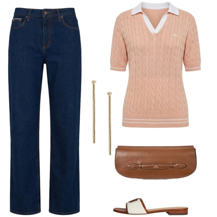Outfit donna - La polo rosa. Stile Casual per Tutti i giorni. Abbinamento con polo, jeans, clutch, ciabatte, orecchini.