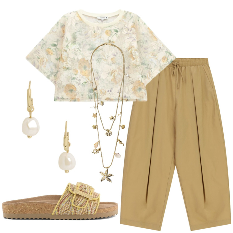 Outfit donna - Total look #2417239. Stile Romantica per Tutti i giorni. Abbinamento con collane, pantaloni a palazzo, top, orecchini, sandali.