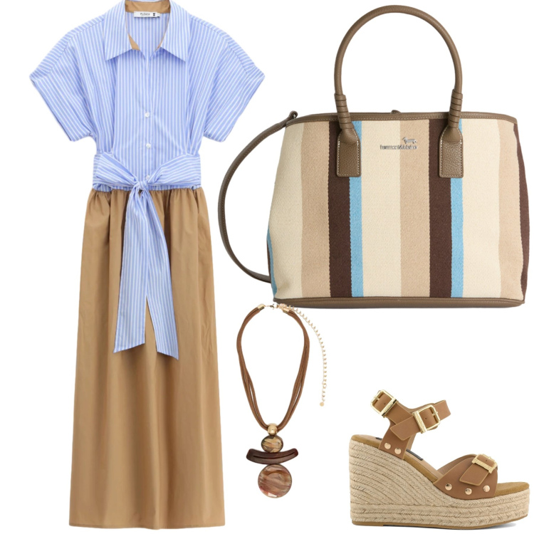 Outfit donna - Discreta eleganza. per Ufficio. Abbinamento con shopping bag, vestiti midi/longuette, ciondoli, zeppe.