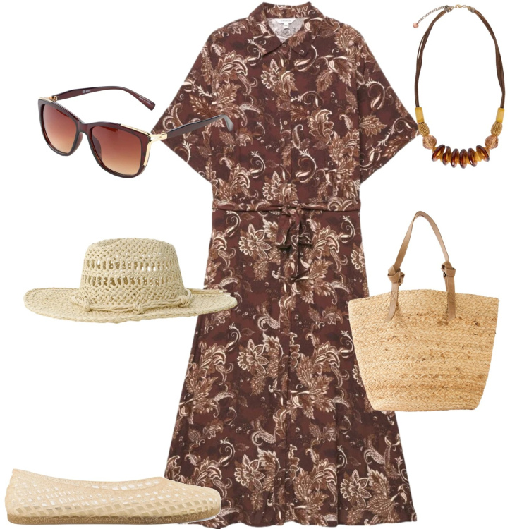 Outfit donna - Casual chic ufficio tempo libero. Stile Casual chic per Tutti i giorni. Abbinamento con shopping bag, occhiali da sole, vestiti chemisier, cappelli, collane, ballerine.