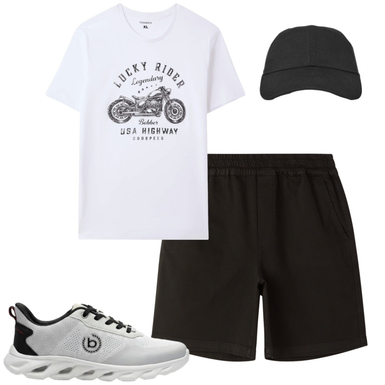 Outfit uomo - Total look #2417246. Stile Casual per Tutti i giorni. Abbinamento con sneakers, t-shirt, bermuda, cappelli con visiera.