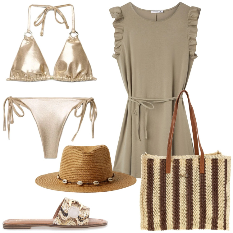 Outfit donna - Bikini effetto glamour. Stile Glamour per Mare. Abbinamento con vestiti corti, cappelli, bikini, bikini, ciabatte, borse a spalla.