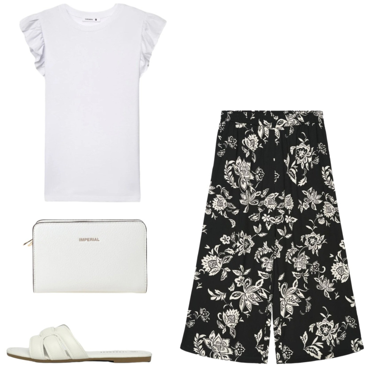 Outfit donna - Total look #2417249. Stile Casual per Tutti i giorni. Abbinamento con pantaloni a palazzo, ciabatte, t-shirt, borse a tracolla.