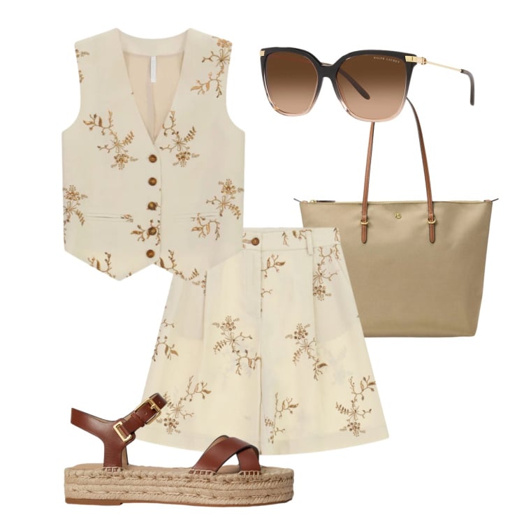Outfit donna - Giugno in città. Stile Casual chic per Tutti i giorni. Abbinamento con gilet, bermuda, occhiali da sole, espadrillas, borse tote, reggiseni.